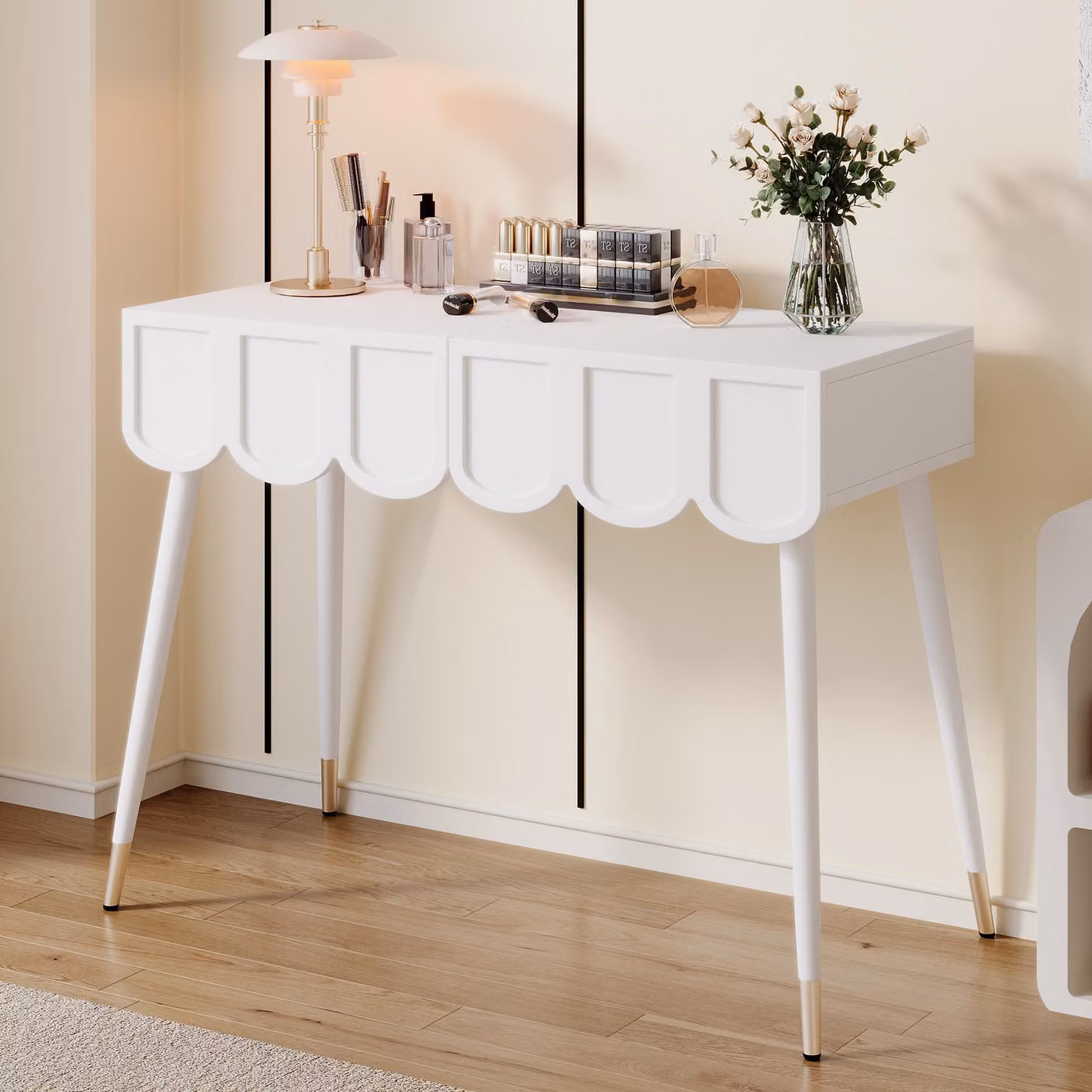 Flieks, scrivania con 2 cassetti, cassettiera per il trucco con gambe in metallo, tavolo per il soggiorno 100x40x76cm, bianco