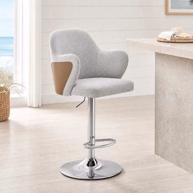 Set da 2 sgabelli da bar OKWISH girevoli a 360 gradi con braccioli, in tessuto grigio e marrone con base in metallo, moderni per cucina e sala da pranzo