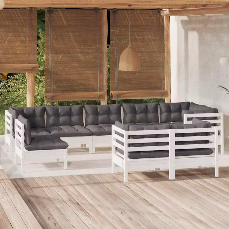 Set di divani da giardino vidaXL a forma di U in legno di pino con 9 pezzi e cuscini bianchi, antracite o grigi