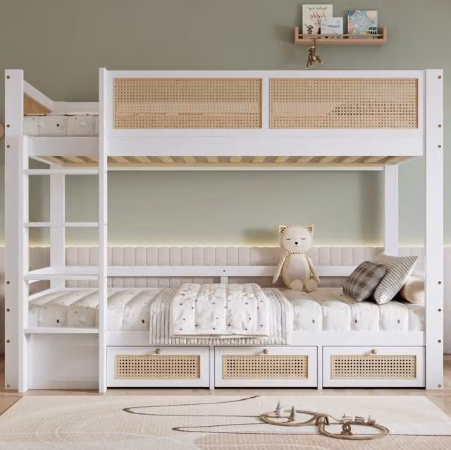 Letto a castello per bambini 90x200 cm con 3 cassetti; scaletta a 4 gradini; bianco e naturale