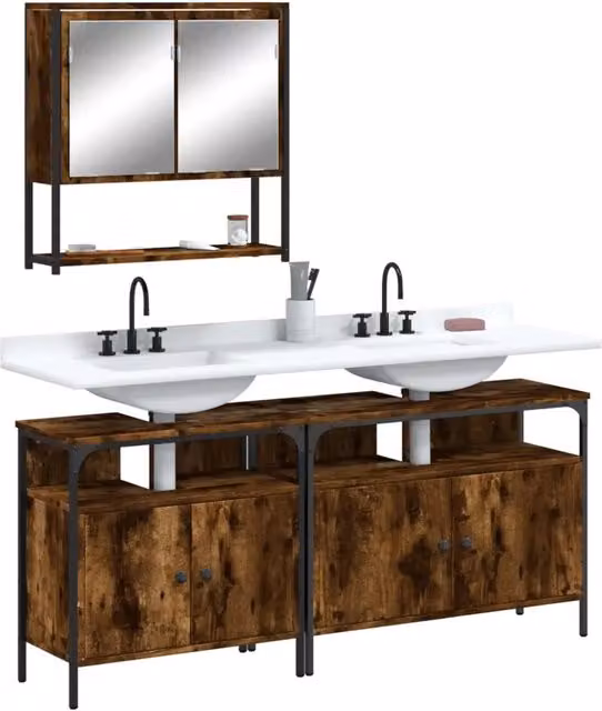 Set Mobili da Bagno 3 Pezzi vidaXL in Legno e Metallo Marrone con Armadietto Specchiato e Mobile Lavabo in Stile Industriale L/P/H: 80 x 60 x 30 cm