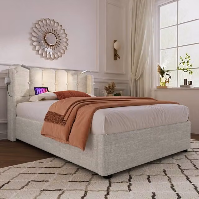 Letto Singolo Imbottito con Testiera LED e Contenitore ¨C MINIMAL ¨C Lino 90x200