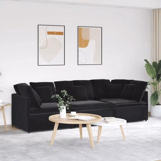Divano Modulare con Cuscini in Velluto Nero 3321284