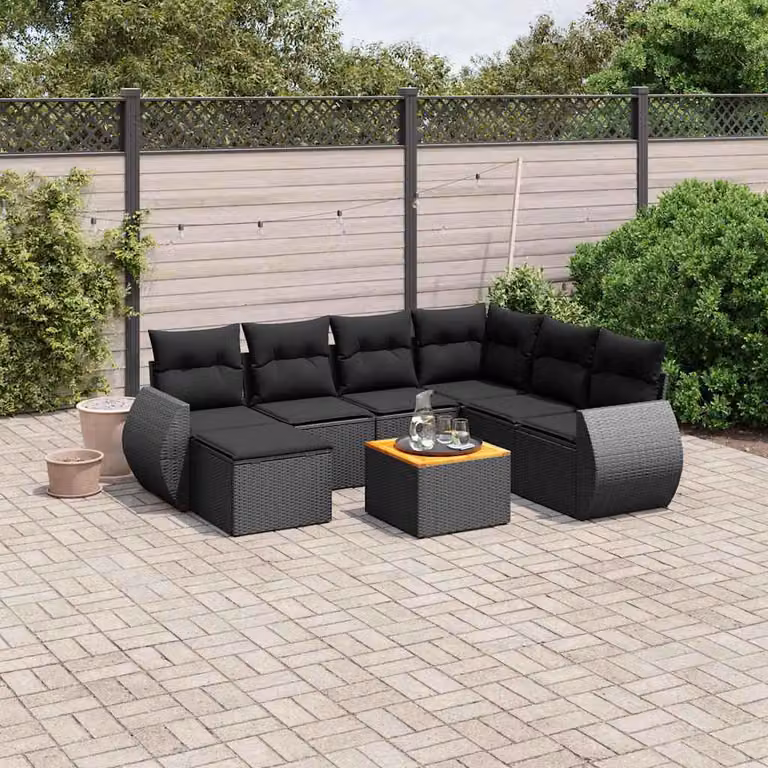 Set di divani da giardino vidaXL in polyrattan nero con cuscini e tavolino da esterno a forma di L