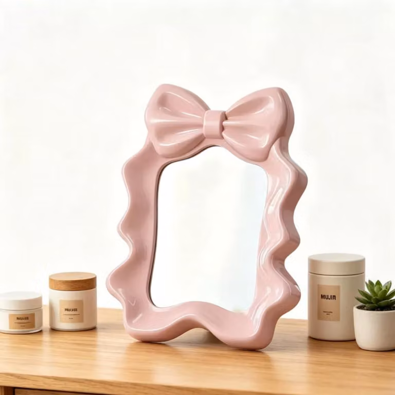 Specchio da tavolo con nastro, decorativo, 20,7x27 cm, rosa