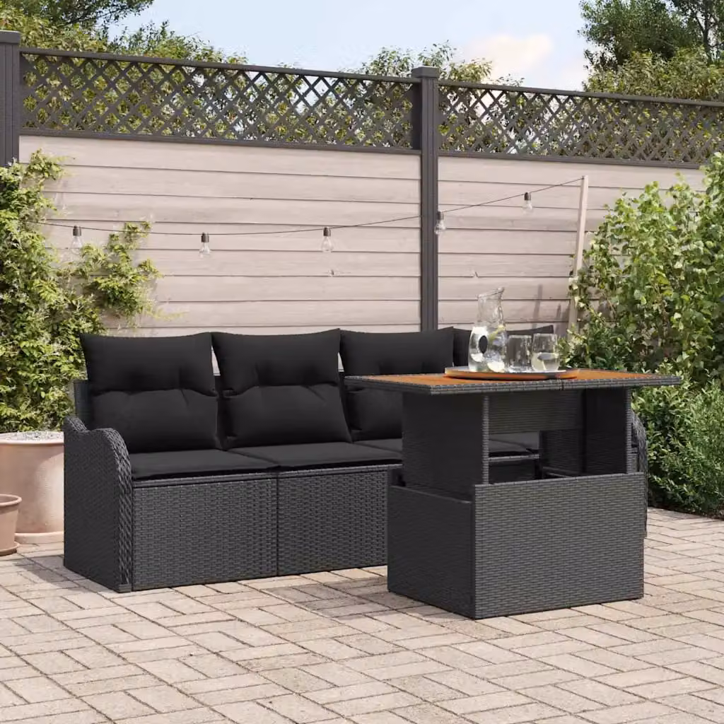 Set Divano da Giardino vidaXL 5 Pezzi Nero con Cuscini e Contenitore per Archiviazione in Polyrattan e Acciaio – 1