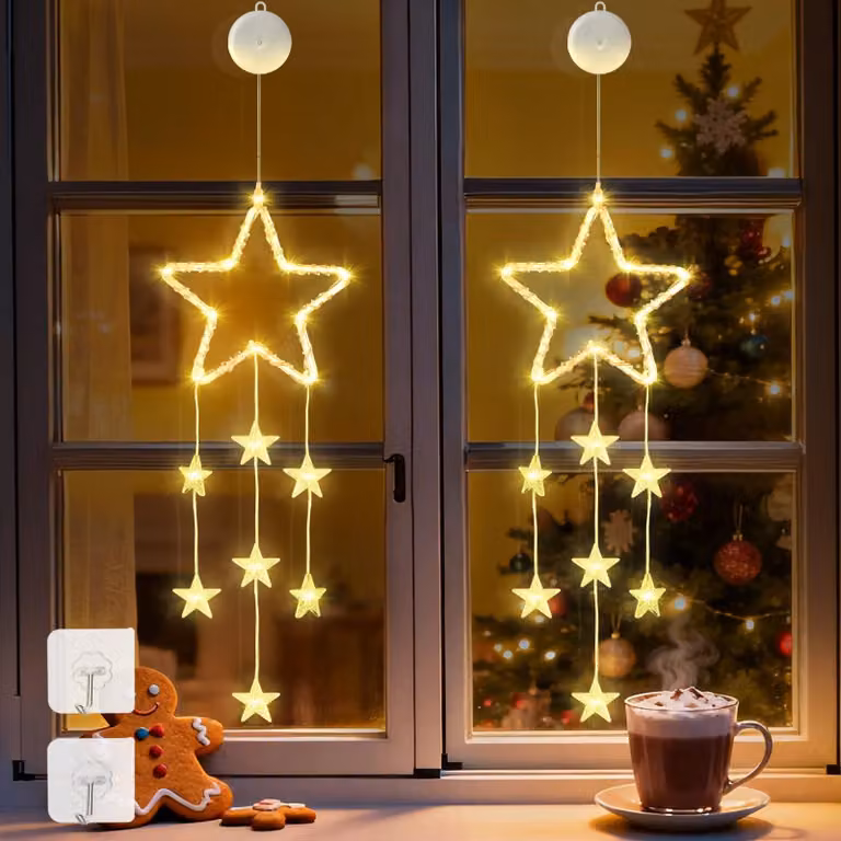 Decorazioni natalizie a LED per finestre, a forma di stelle, luce bianco caldo, 18 luci, lunghezza 1 metro, con timer, alimentate a batteria