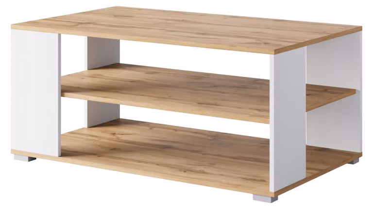 Tavolino da caffè per il soggiorno, ripiano contenitore, 90 cm, rovere chiaro/bianco opaco