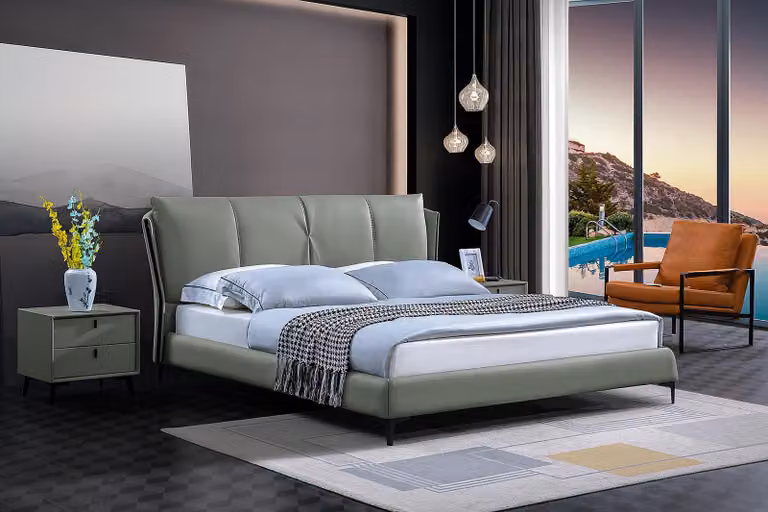 Lederbett Polster Bett Bettgestell Luxus Schlafzimmer Möbel Grün Design Leder