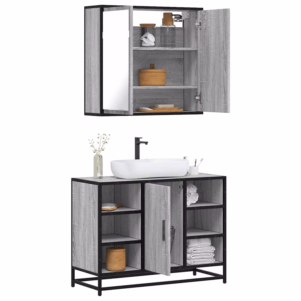 Set Mobili da Bagno 2 pz vidaXL in Stile Industrial Grigio con Mobile Lavabo e Armadietto Specchio in Legno e Metallo