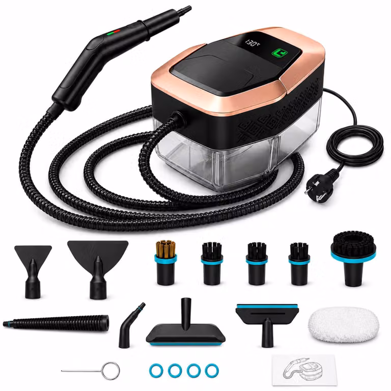 Pulitore a vapore portatile da 1500 Watt - Serbatoio da 1800 ml - 13 accessori - Colore nero e oro - Ideale per cucina, bagno, pavimenti, finestre, auto