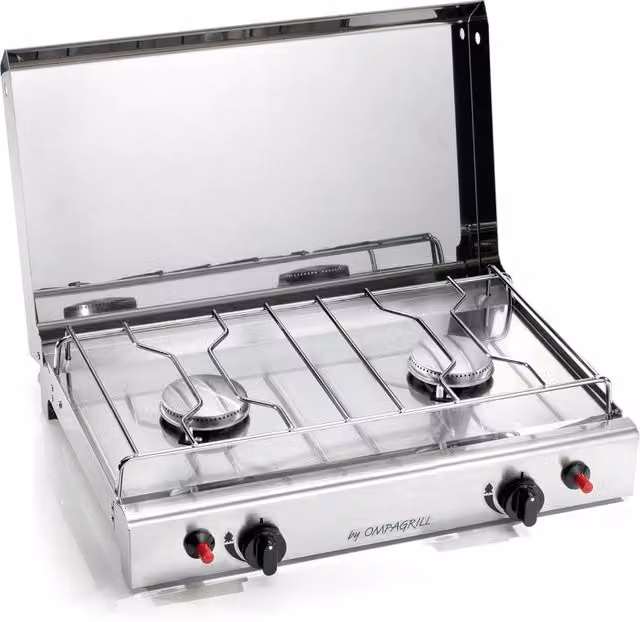 Fornello a Gas Ompagrill 2 Fuochi in Acciaio Inox Argento con Coperchio e Accensione Piezoelettrica per GPL e Metano