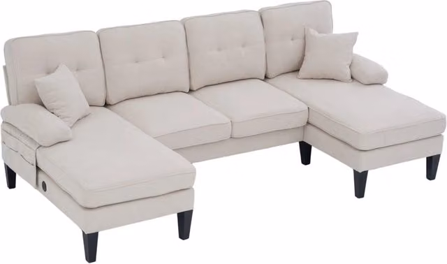 Divano a U 4 posti 250x130x88 cm con 2 chaise longue; USB-C e tasche; beige