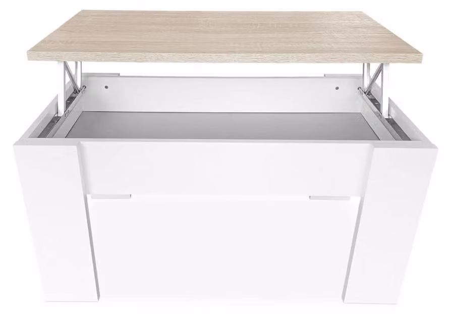 Tavolino da divano regolabile in altezza, dimensioni 90x50 cm, bianco con piano in materiale Cambria