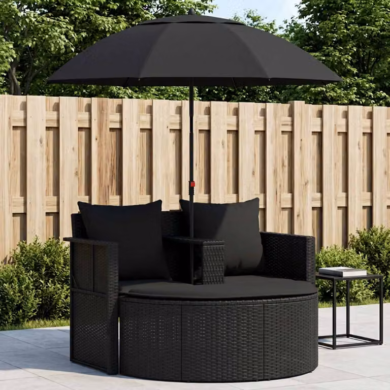 vidaXL Lettino da Giardino con Ombrellone in Polyrattan Nero