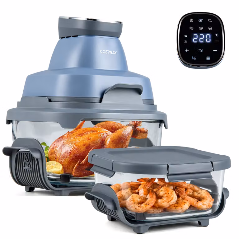 Friggitrice ad aria Costway da 4 L con 2 griglie e 2 contenitori in vetro con coperchio, 1500 W, Blu