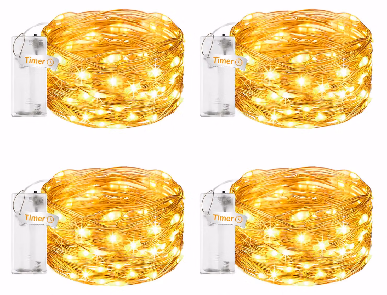 Catena luminosa a LED, 3 metri, 30 LED, luce bianco caldo, con timer, confezione da 4 pezzi