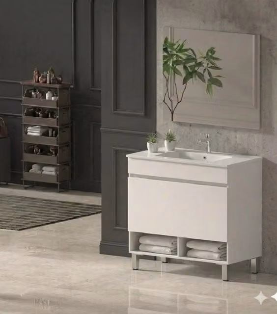 Mobile Bagno NEBARI com gambe Già Montato 1 cassetto, lavabo e specchio Bianco lucido 80x45 cm