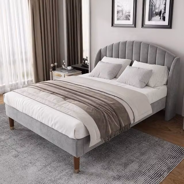 Letto imbottito Minimal con rete a doghe e testiera in velluto grigio L: 140 cm x P: 200 cm