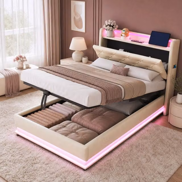 Letto imbottito per bambini 90x200 cm con contenitore idraulico; LED; USB e Type-C; beige
