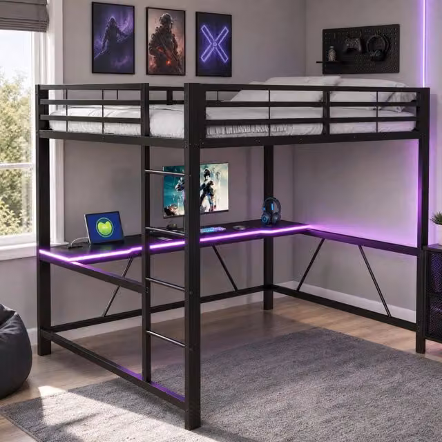 Letto a soppalco 160 × 200 cm con scrivania, luci LED, USB e barriera di sicurezza, senza materasso, nero