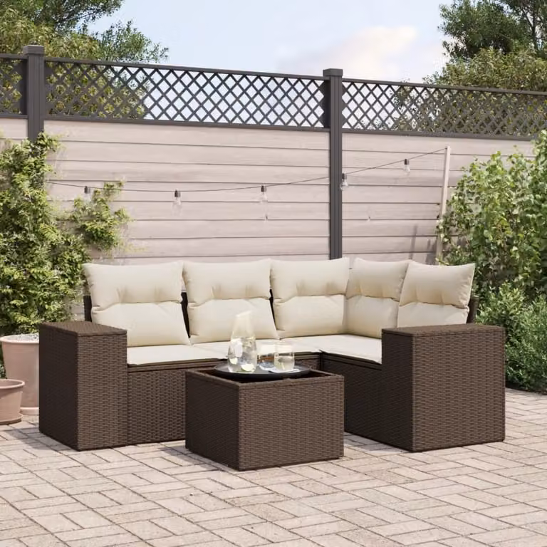 vidaXL Set Divano da Giardino a L 5 pz in Polyrattan Marrone con Cuscini Imbottiti e Tavolino