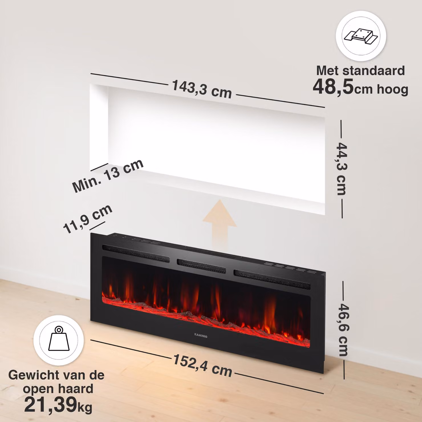 Camino elettrico da parete - 60 pollici - 1800 Watt - Effetto fiamma 3D - Nero