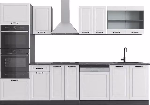 Cucina componibile Vicco R-Line Bianco rustico e Antracite con armadio alto, L: 300 cm, P: 60 cm, H: 185,2 cm