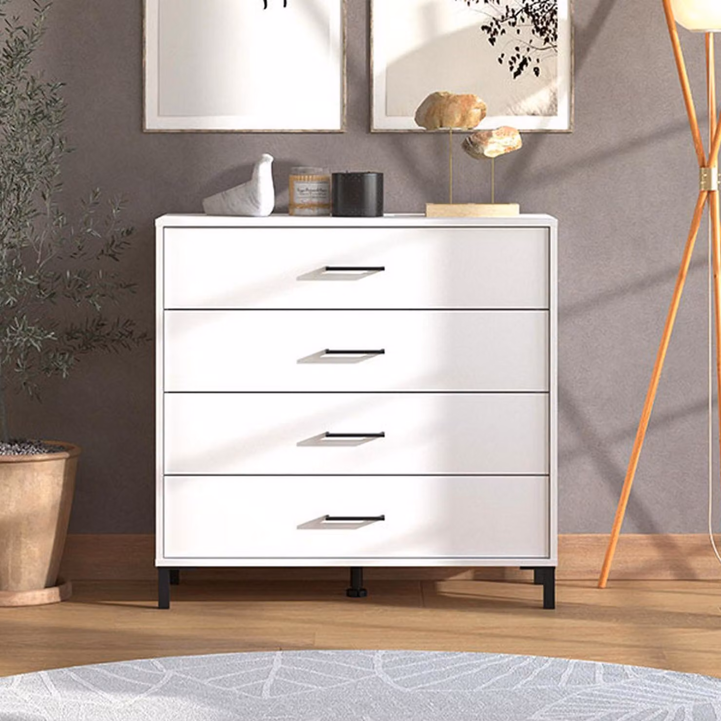 Dmora Cassettiera Vidor 93x40x90h cm Bianco, 4 Cassetti Apertura Scorrevole