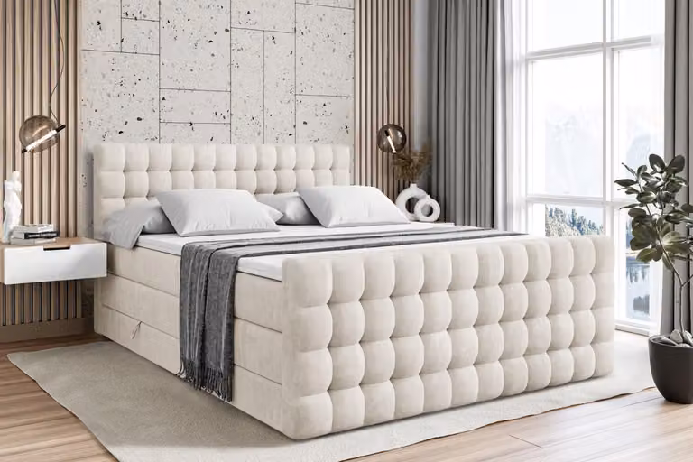 Letto boxspring ALTDECOR con materasso e rete a doghe - VIONE -Z KING - 160x200 cm - Velluto beige - Coprimaterasso, testiera, letto imbottito con contenitore, letto con vano portaoggetti H3 e H4 - Materasso, letto matrimoniale, letto boxspring