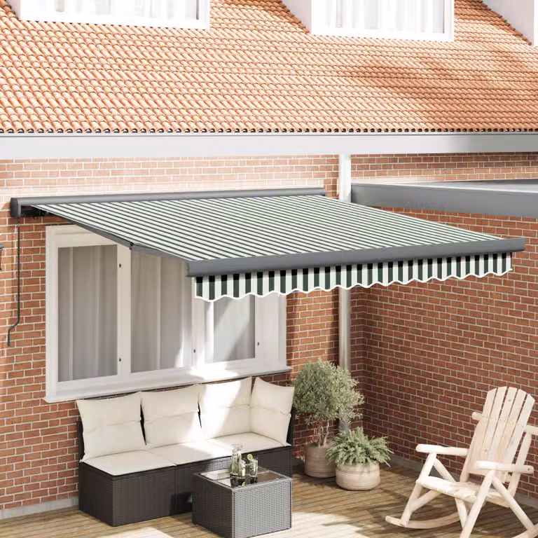 Tenda retrattile vidaXL con bracci pieghevoli in alluminio e tessuto in poliestere, Verde e Bianco, L: 300 cm, P: 250 cm