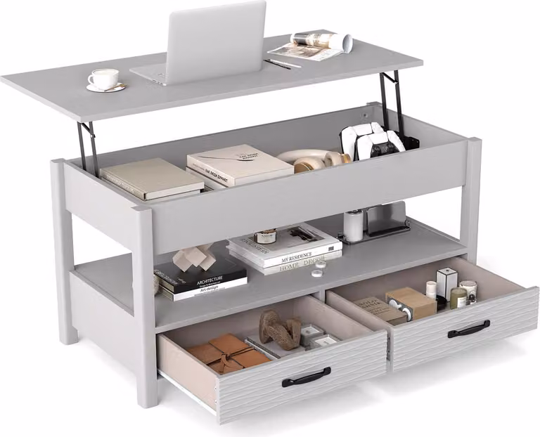 Tavolino da caffè COSTWAY regolabile in altezza, tavolino da divano con ripiano aperto e 2 cassetti, tavolino da salotto con piano 50-63,5 cm, tavolino in legno, grigio