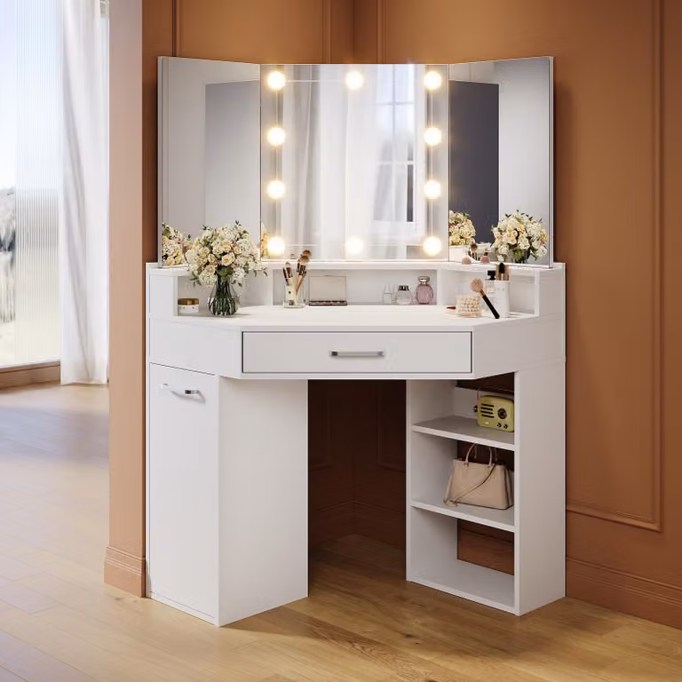 SONNI 141,5 x 54 x 111 cm Bianco Comodino con cassetti, specchi mobili a sinistra e a destra Illuminazione a LED con luminosità regolabile