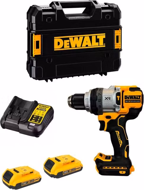 Trapano a percussione DeWALT XR DCD1007D2T giallo con 2 batterie da 2,0 Ah, caricabatterie DCB107 e sistema TSTAK II