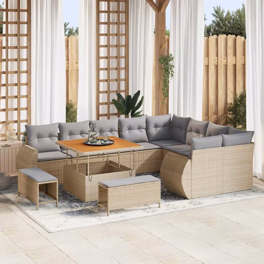 vidaXL Set Divano da Giardino Moderno a L con Tavolino e Ottoman, 12 Posti, Beige e Grigio – 1
