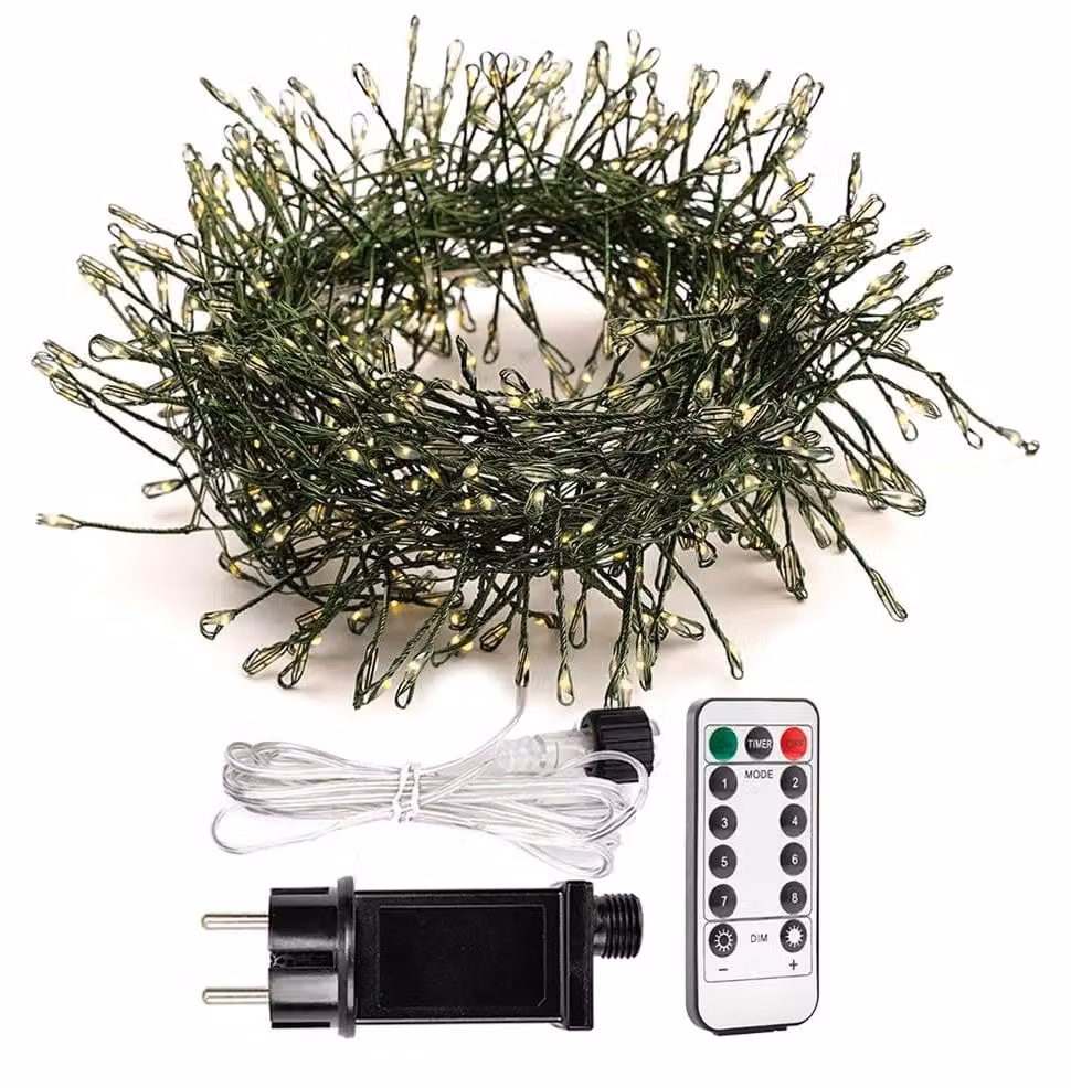 Catena luminosa a LED, 15 metri, 500 LED bianco caldo, filo di rame verde, con telecomando