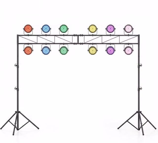 Supporto luci DJ DESIGN IN con traversa e stativo treppiede regolabile, struttura triangolare pieghevole in metallo e plastica, colore nero, Altezza: 140-265 cm