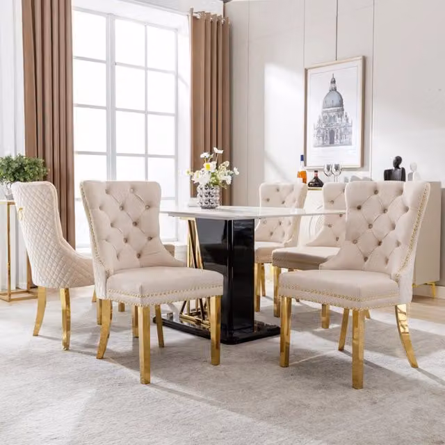 Sedia imbottita con anello sullo schienale gambe regolabili in velluto beige e acciaio dorato 50,5 × 45 × 95 cm