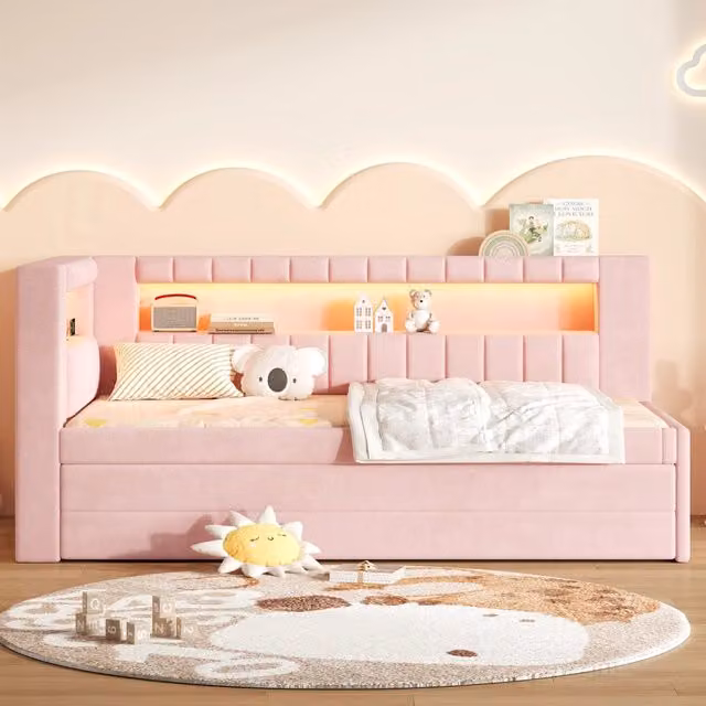 Letto singolo imbottito 90x200 rosa con LED; USB; letto estraibile e 3 cassetti