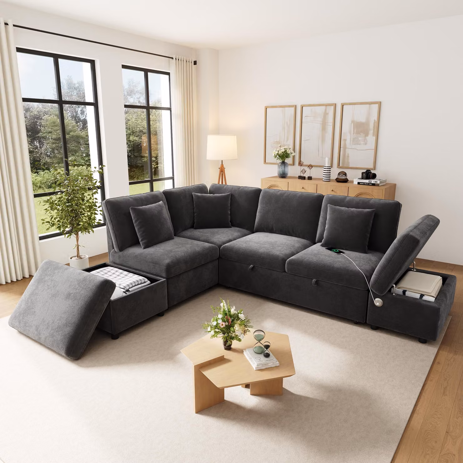 Divano angolare a forma di L MODFU, divano modulare, divano relax con spazio contenitivo, porta USB/Type-C e poggiapiedi mobile, divano in velluto grigio a 6 posti, dimensioni 247,5 x 172 x 87 cm