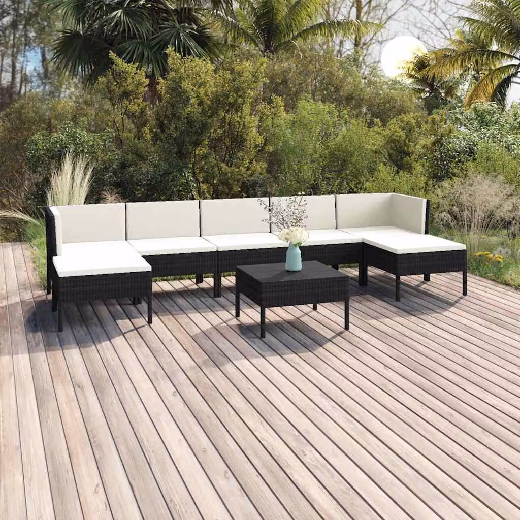Set Divani da Giardino vidaXL 8 pz in Polyrattan con Cuscini e Tavolino, Colore Nero e Bianco
