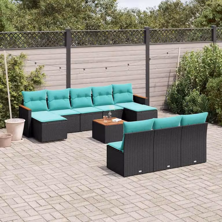 Set di divani da giardino vidaXL 11 pezzi in polyrattan nero con cuscini e tavolino da esterno a forma di U