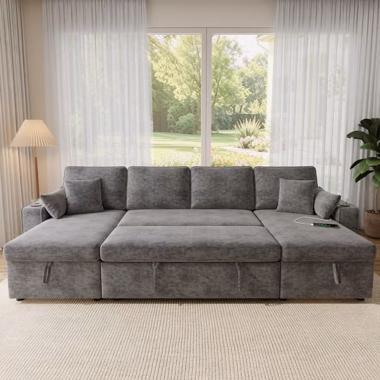 Divano ad angolo a U Merax, divano letto estraibile con funzione letto, divano con vano contenitore, porte USB e Type-C, portabicchieri, divano in ciniglia, grigio