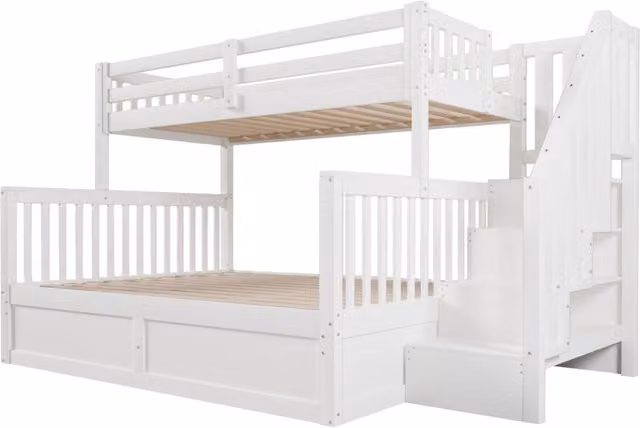Letto a castello doppio 90x200+140x200 cm con contenitore idraulico e scala con ripiani, struttura in legno bianco senza materasso