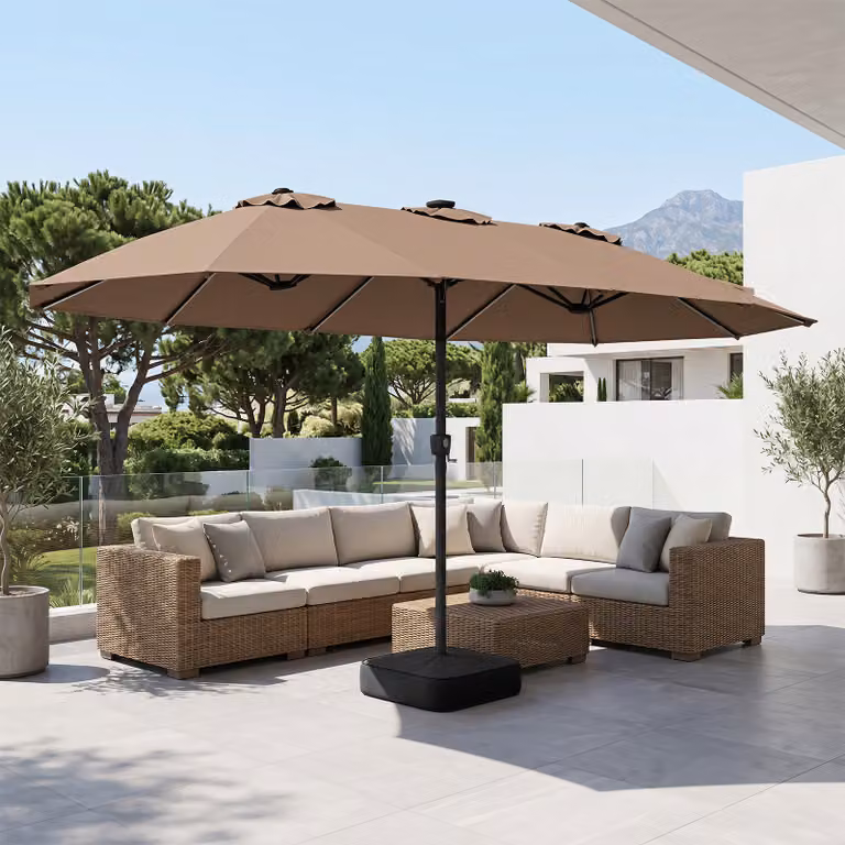 Ombrellone doppio da giardino Costway con luci regolabili e manovella, protezione solare resistente, colore marrone