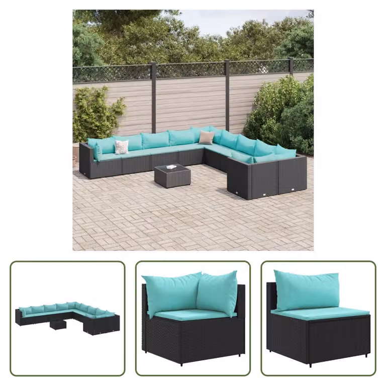 The Living Store Set di divani da giardino 11 pezzi con cuscini in poly rattan nero