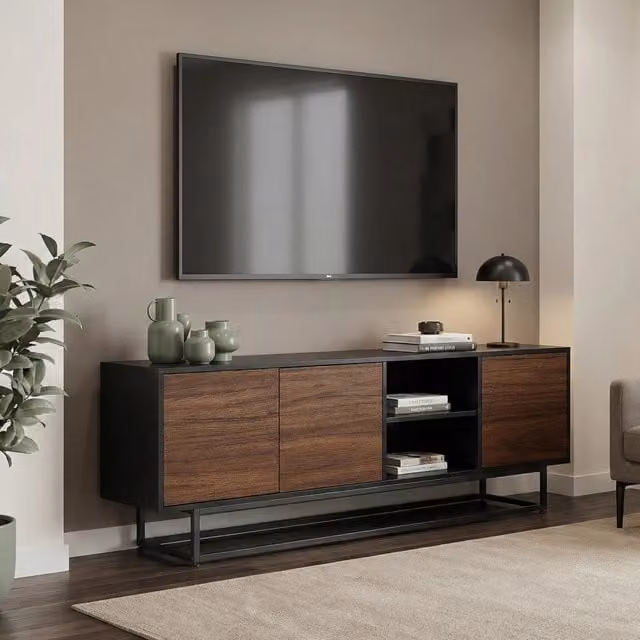 Credenza Bassa Boxholm en.casa con 3 Ante Push-Open e 2 Vani Aperti, Nero e Effetto Noce, L 160 x P 30 x H 56,5 cm