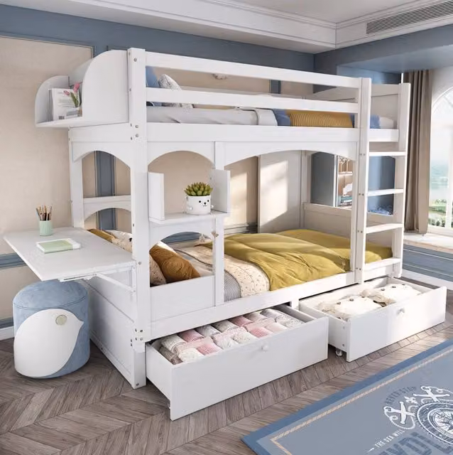 Letto a castello per bambini 90x200 cm con scrivania pieghevole, ripiani e 2 cassetti bianco