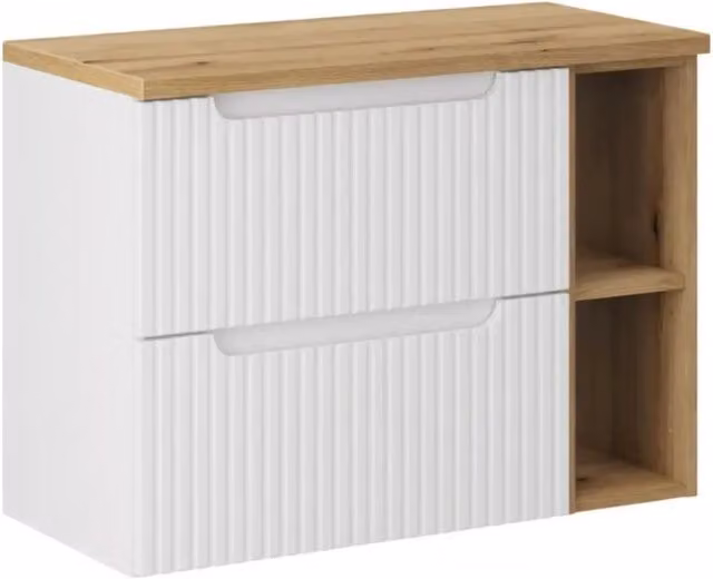 Set da bagno VANO bianco 80cm: mobile sottolavabo con cassetti e nicchie a vista + piano per lavabo effetto rovere c