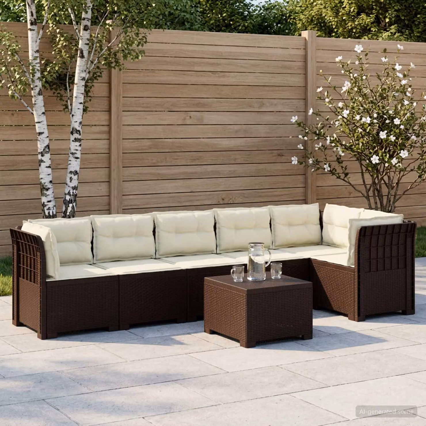 vidaXL Divano da Giardino Moderno a L per 6 Persone con Cuscini Imbottiti e Tavolino, Colore Marrone